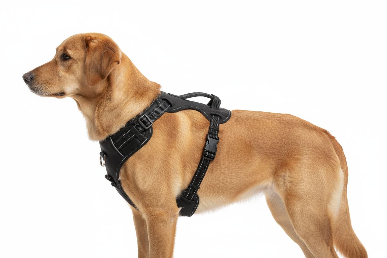 un chien avec un harnaais anti traction noir pour le mettre sur  ma fiche produit, pour bien montrer le produit